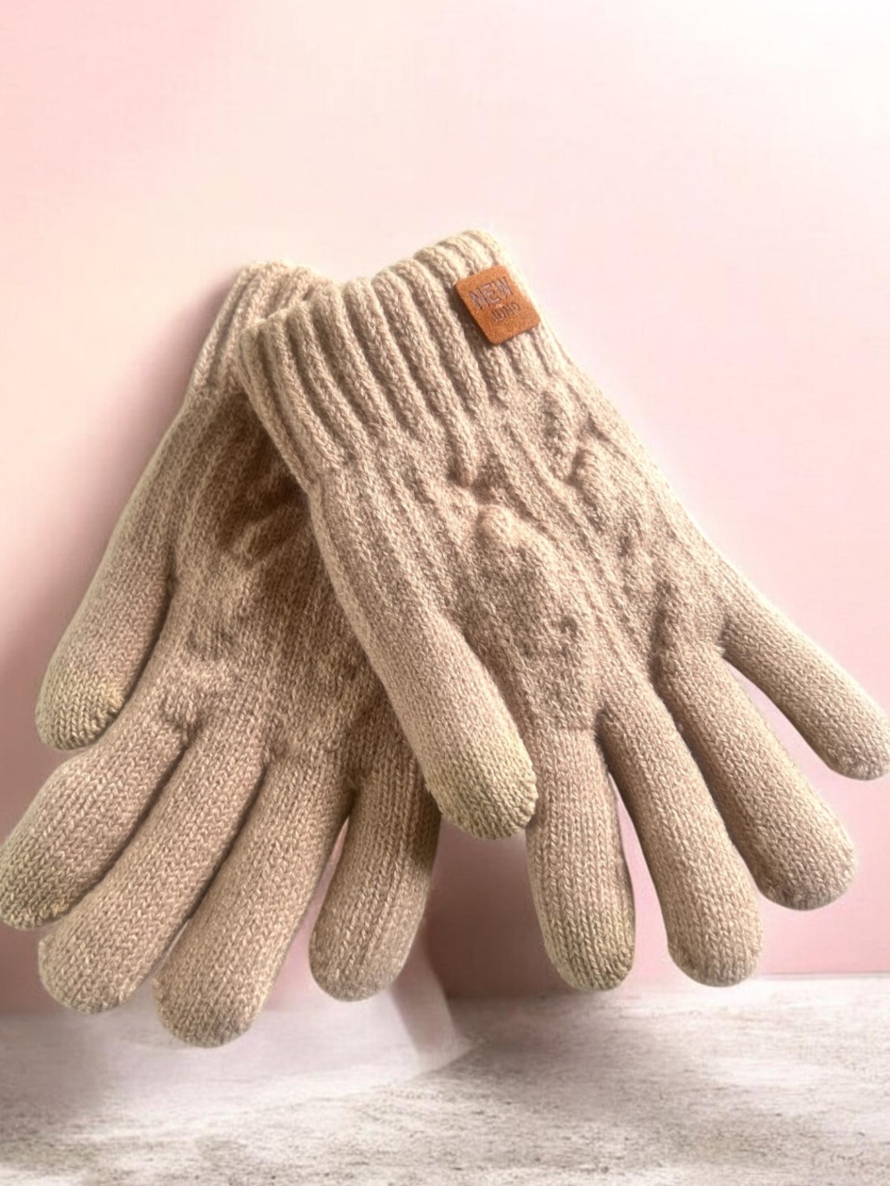 Beige Plush-Lined Touchscreen Gloves